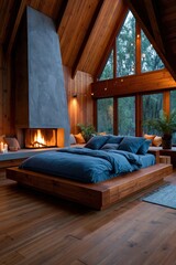 Naklejka premium Cozy wooden a frame bedroom interior with fireplace and large windows for cabin bedroom background and hygge interior design