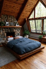 Naklejka premium Rustic bedroom with stone fireplace and triangular windows for cabin interior design background and natural wood loft bedroom wallpaper