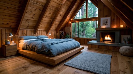 Naklejka premium Rustic wooden cabin bedroom with fireplace and forest window for cozy hygge interior background and lodge retreat