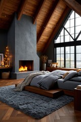 Naklejka premium Cozy loft bedroom with fireplace and large window for warm rustic interior background and cottagecore decor