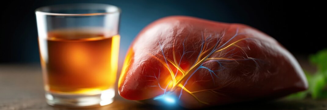 Realistic liver organ with glass of alcohol and glowing neural veins for medical awareness poster and educational background design about liver damage and toxicity