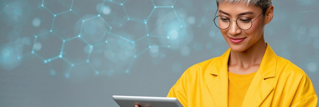 Businesswoman using tablet with molecular network background for technology banner and science presentation wallpaper