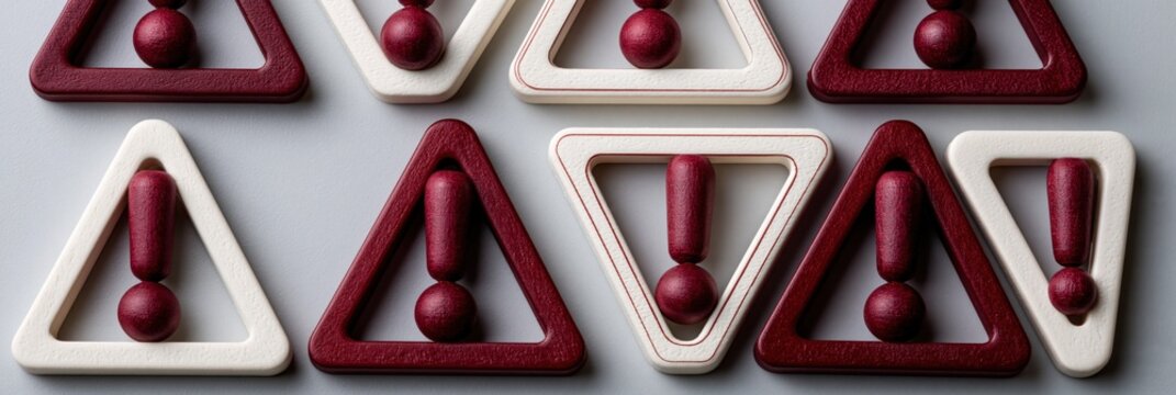 Burgundy and ivory triangular frame pieces with bead exclamation elements arranged pattern for background or surface design
