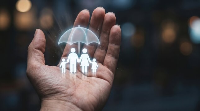 A hand holding a glowing umbrella protecting a family of four. The concept represents protection, security, and family care