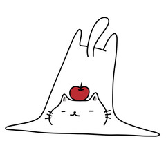 hand drawn illustration of a cute white cat is lying down with a red apple © Amol