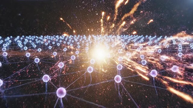 Abstract digital visualization of neural network with glowing connections and bright energy burst representing artificial intelligence