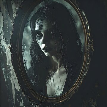 A haunting portrait of a woman in a dark, ornate frame
