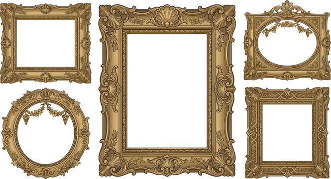 Luxury vintage golden baroque frame vector collection featuring ornate royal oval, round, and rectangular picture borders with highly detailed museum quality classic rococo ornamentation.