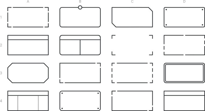 Minimalist wireframe UI box vector icon set featuring simple line frame templates, layout grids, and clean dashboard card border containers for web interface design.