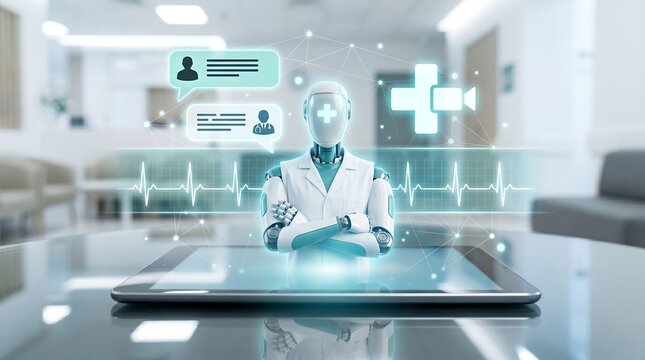 Futuristic healthcare concept AI chatbot assisting with medical information and virtual communication on a digital tablet in a modern clinic