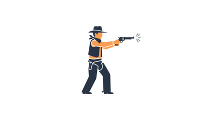 Fototapeta premium A stylized cowboy in a hat and vest fires a pistol, with muzzle flash emanating from the barrel.