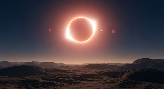 Total solar eclipse glowing over a rocky desert landscape