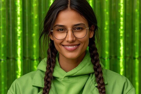 Warm portrait of a smiling young woman in green hoodie and glasses against a shiny green backdrop for portrait background and banner design