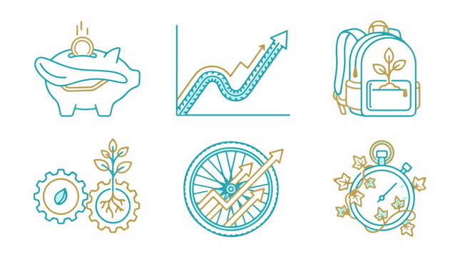Eco-friendly growth and sustainability vector icon set featuring piggy bank, graph, backpack, gears, bicycle wheel, and stopwatch with plant elements