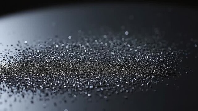 Sparkling Black Sand Particles Scatter on Dark Reflective Surface, Macro Shot