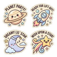 Fototapeta premium Kawaii Space Adventure Sticker Set with Cute Planet Rocket Moon and Shooting Star Illustrations