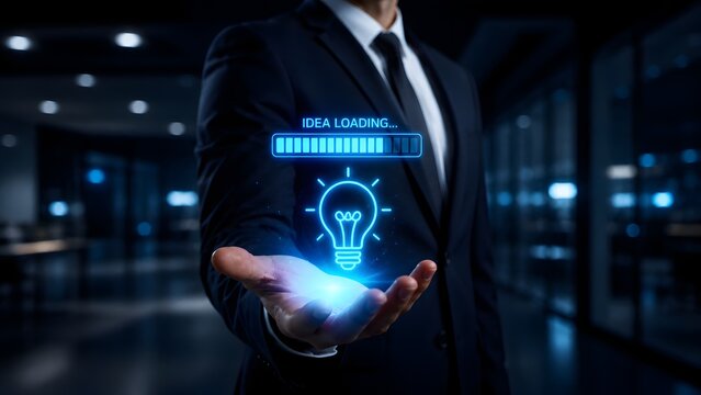 Businessman holding glowing lightbulb hologram with idea loading bar symbolizing creative business thinking and innovative problem solving