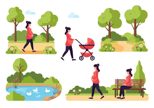 Pregnant women enjoying outdoor activities in a park, including walking and resting.