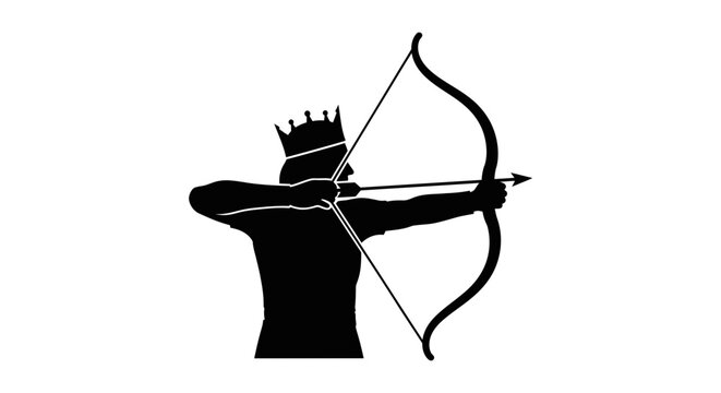 Silhouette of a crowned archer aiming a bow and arrow, ready to shoot.