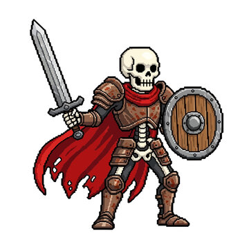 Pixel art of a skeleton warrior in armor, holding a sword and shield, with a tattered red cape.