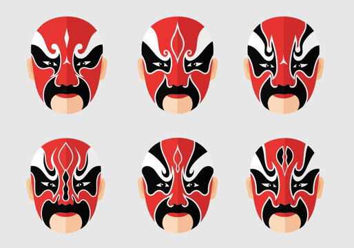 Six colorful, stylized masks with dramatic facial features are displayed in two rows of three.
