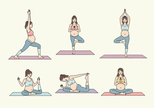 Six pregnant women are depicted performing various yoga poses on mats, illustrating prenatal exercise and wellness.