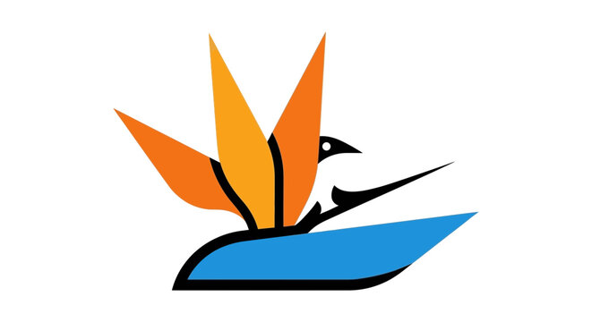 Stylized bird of paradise flower with a bird silhouette emerging from its petals.
