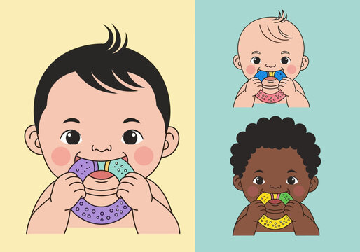 Three babies of different ethnicities are shown chewing on colorful teething toys.