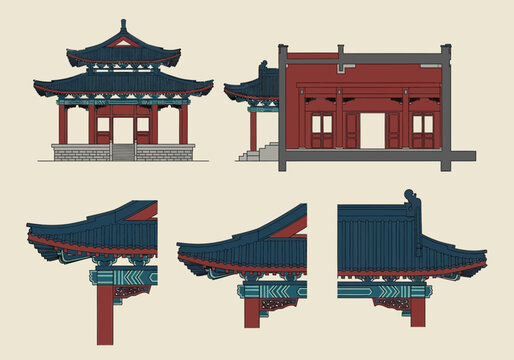 This illustration displays architectural elements of traditional East Asian buildings, including a pagoda and roof details.