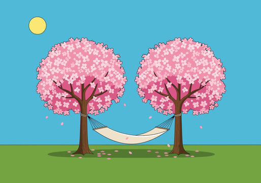 Two blooming cherry trees with a hammock strung between them, under a bright yellow sun.