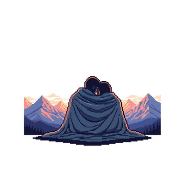Two figures huddled together under a blanket, silhouetted against a pixelated mountain landscape at dawn.