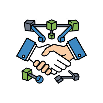 Two hands shaking in agreement, with abstract geometric shapes and lines representing connection and collaboration.