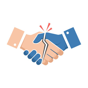 Two hands in a handshake are broken apart, symbolizing a failed agreement or partnership.
