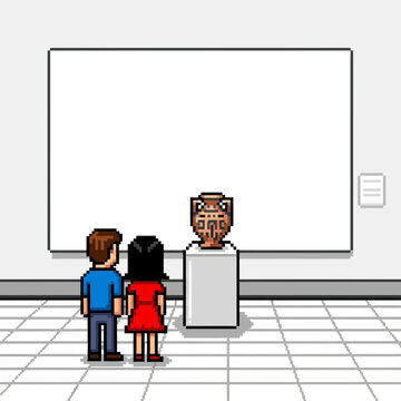 Two people observe an ancient artifact displayed in a museum gallery with a blank canvas on the wall.