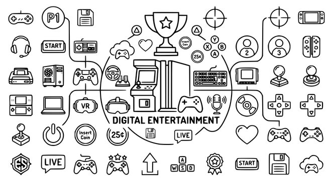 Creative gaming vector icon set with console and player illustrations