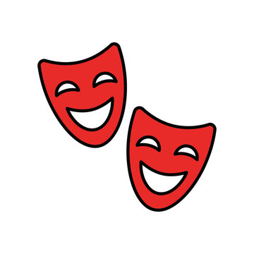 Two red theatrical masks, one slightly above and to the left of the other, both displaying happy expressions.