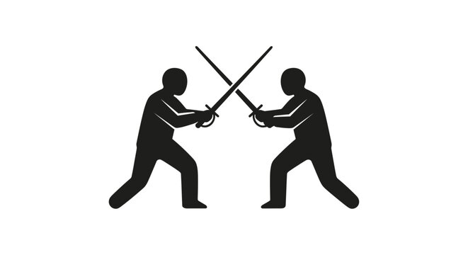 Two silhouetted figures engage in a sword fight, demonstrating a duel with crossed blades.