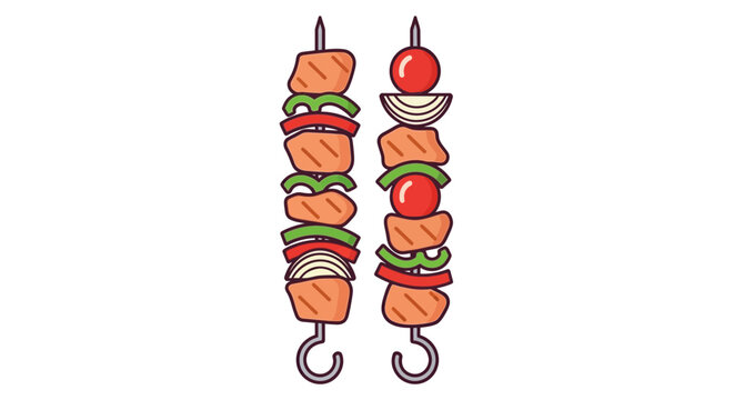 Two skewers of grilled meat and vegetables, including tomatoes, onions, and bell peppers, are depicted.