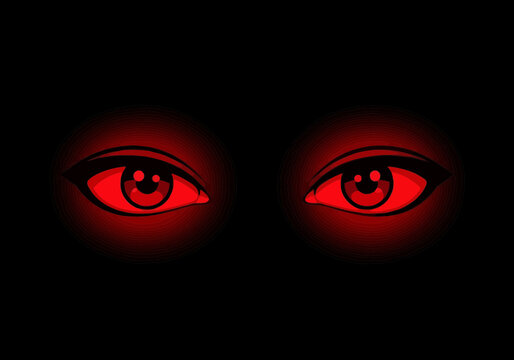 Two stylized red eyes with concentric circles radiating outwards, conveying a sense of intense focus or observation.