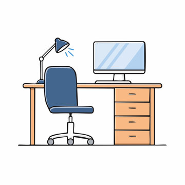 Desk with Computer, Chair, and Lamp