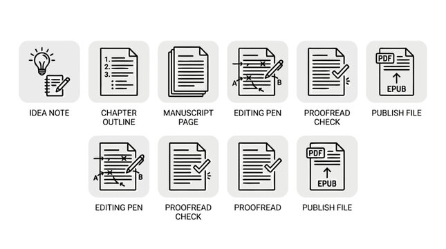 Minimalist publishing icons collection showing idea note chapter outline manuscript page editing pen proofread check and publish file document symbols on grey rounded squares for creative writing.