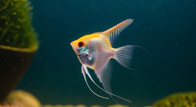 Elegant gold angelfish swimming in a clear freshwater aquarium