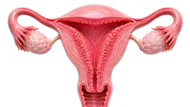 Human implantation-ready uterus during the secretory phase of the menstrual cycle. thickened vascular endometrium, realistic uterine cavity, ovaries, fallopian tubes prepared for embryo implantation.