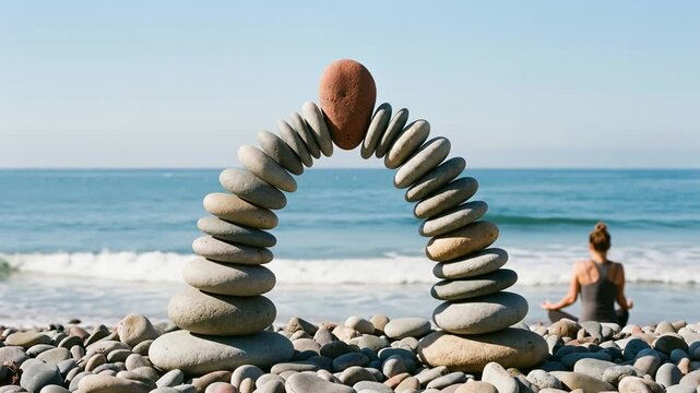 Arch of balanced stones on a pebble beach with a person meditating in the background by the sea