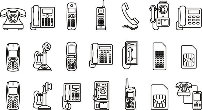 Collection of various telephone and mobile phone icons in black outline