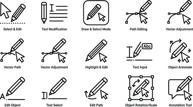 Vector graphic design and text editing tool icons line art vector set showing path modification curve node adjustment cursor selection and annotation options