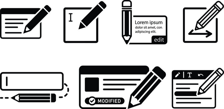 User interface editing and content modification icon set vector illustration featuring pencils windows text fields and edit configurations for application web software dashboard development