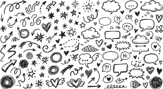 Hand drawn doodle elements arrows hearts stars speech bubbles clouds