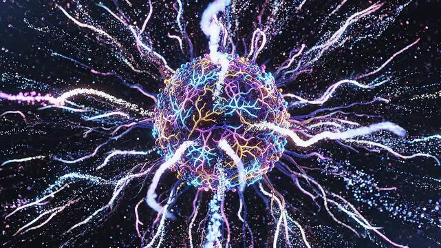 Colorful futuristic digital illustration of a neuron cell with glowing synapses and vibrant energy trails