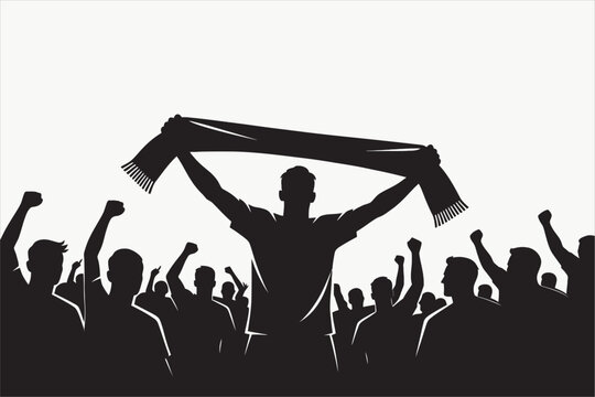Silhouette of football fans crowd cheering and holding a scarf. Soccer supporters celebrating victory, championship, and stadium sport match concept vector on white background. Vector illustration.